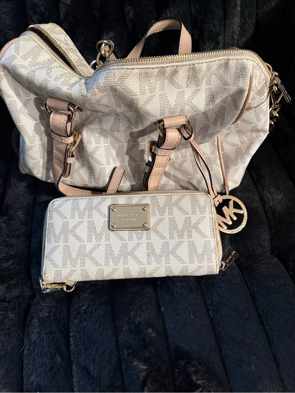Michael Kors Beige MK Monogram Satchel with Pink Trim & Matching Wallet